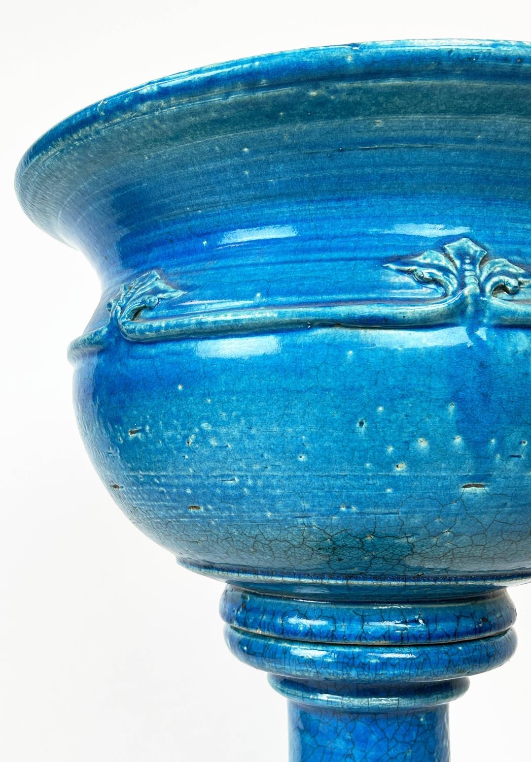 JARDINIERE ON STAND, Victorian style turquoise glazed ceramic, 102cm H. - Image 3 of 6