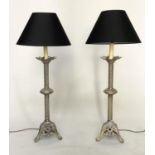 COLUMN LAMPS, a pair, 19th century style silvered metal candle lamps form with shades, 80cm H. (2)