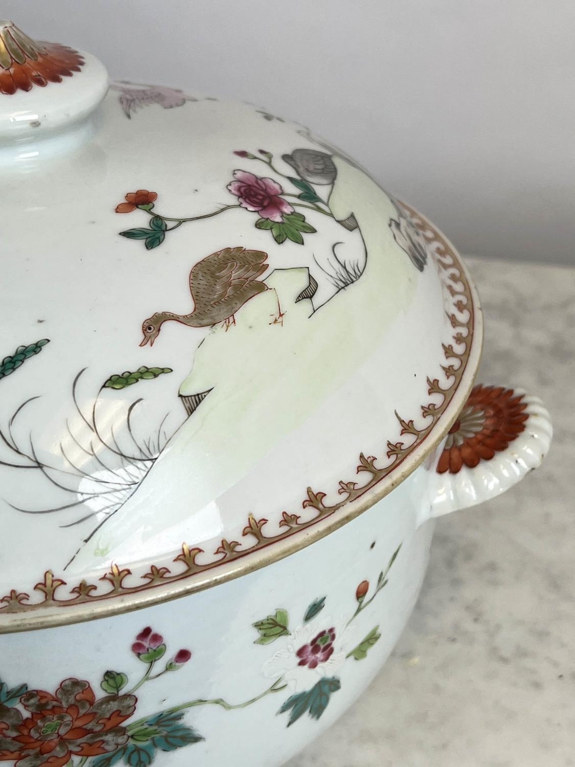 CHINESE EXPORT SOUP TUREEN, 19th century famille rose, decorated with cranes in garden scenes. - Image 7 of 9