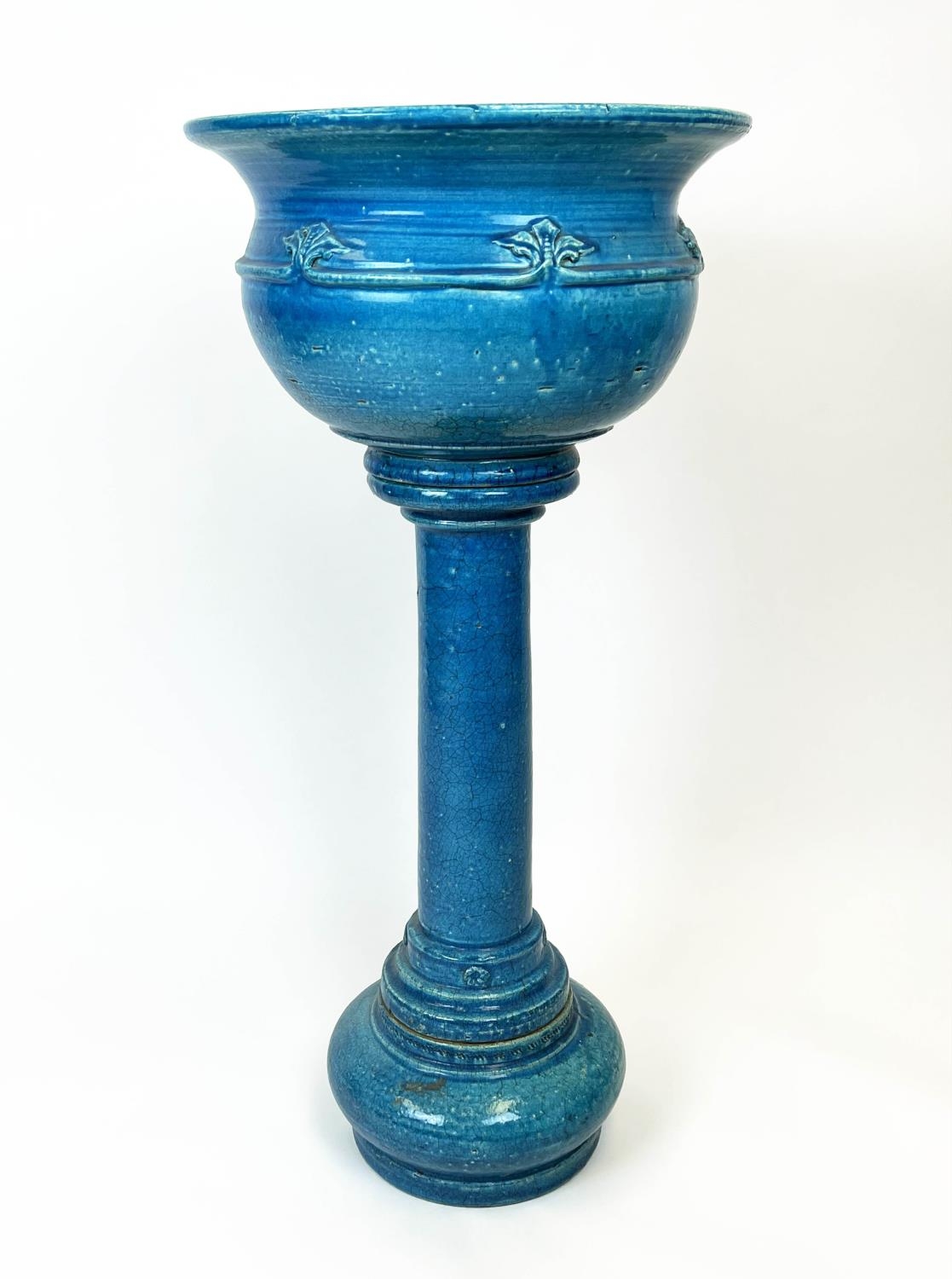 JARDINIERE ON STAND, Victorian style turquoise glazed ceramic, 102cm H.