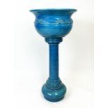 JARDINIERE ON STAND, Victorian style turquoise glazed ceramic, 102cm H.