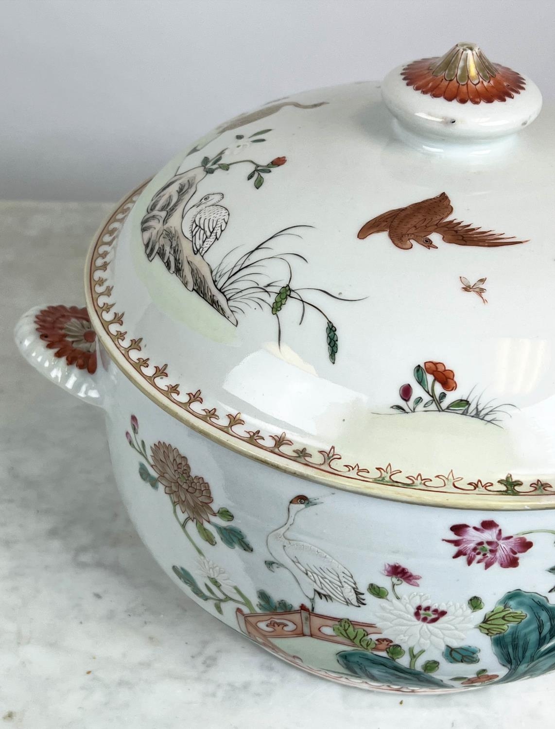 CHINESE EXPORT SOUP TUREEN, 19th century famille rose, decorated with cranes in garden scenes. - Image 6 of 9