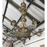 CHANDELIER, 117cm H, cast metal, with dolphin and cherub detail.