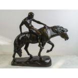 ALBERT HINRICH HUSSMANN (1874-1946) BRONZE HORSE AND RIDER SCULPTURE, signed, 60cm L x 50cm H.
