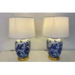 TABLE LAMPS, a pair, Chinese export style blue and white ceramic, with shades. (2)