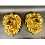 LION HEAD WALL RELIEF PLAQUES, a pair, 49cm H x 43cm W, gilt finish. (2)