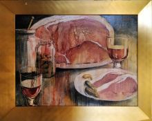 20TH CENTURY SCHOOL 'Still Life, Ham Pickles and Wine', oil on canvas, 90cm x 120cm, framed.