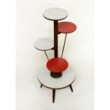 CAKE STAND, 1950s French red and chequer formica, circular stand on gilt metal and oak supports by
