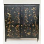 SIDE CABINET, 19th century lacquered, decoupage and hand painted decoration with two panel doors and