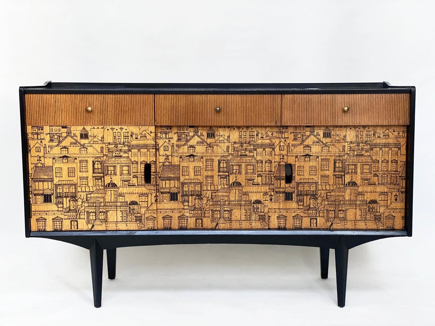 'HERITAGE' SIDEBOARD, 145cm W x 87cm H x 42cm D, 1960's ebonised, with panel doors, Dorothy Heritage