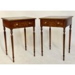 LAMP TABLES, a pair, George III design burr walnut and crossbanded each with frieze drawer and