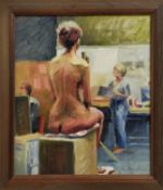 20TH/21ST CENTURY SCHOOL, 'Nude Study, in the Studio', oil on canvas, 28cm x 25cm, signed with