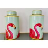 GINGER JARS, pair, 40cm high x 20cm diameter, glazed ceramic, flamingo print design. (2)