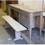 SERVING TABLE, 98cm H x 203cm x 47cm, limed wood and a similar bench, 48cm H x 194cm x 33cm. (2)