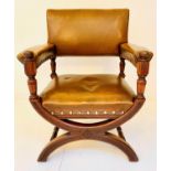 THRONE CHAIR, 85cm x 68cm W , late Victorian walnut in copper studded tan leather.