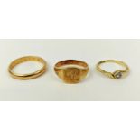 THREE 18CT GOLD RINGS, comprising wedding band, size S; signet ring, size N; and a diamond set