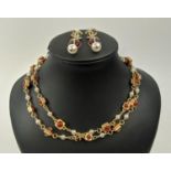 CHANEL RED GARNET ANF PEARL NECKLACE, with matching earrings. (3)