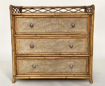 BAMBOO CHEST, cane bound and wicker panelled with pierced gallery and three long drawers, 49cm x