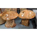 SCULPTURAL TOADSTOOLS, a pair, each approx 55cm H x 55cm W, carved wood. (2)