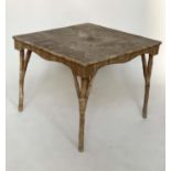 RUSTIC CENTRE TABLE, vintage bamboo and cane bound square with split cane ware frieze, 91cm x 91cm x