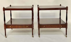LAMP TABLES, a pair, George III design flame mahogany each with two tiers and a drawer, 56cm x
