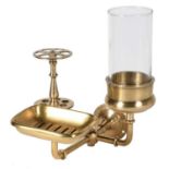 BATHROOM ACCESSORIES STAND, 24cm x 20cm x 22cm, gilt metal, glass funnels. (2)