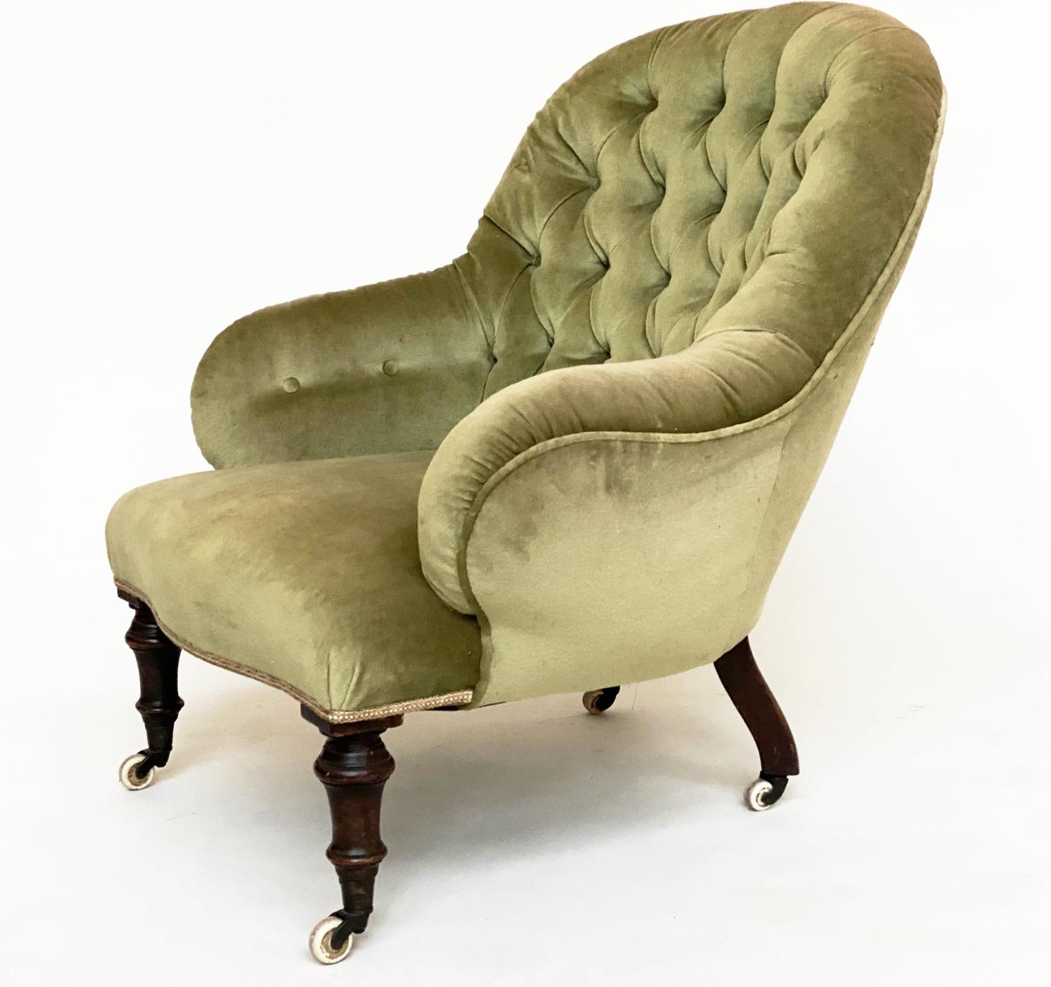 ARMCHAIR, Victorian, moss green velvet upholstered with arched buttoned back and turned supports,