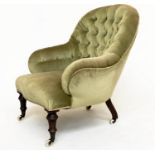 ARMCHAIR, Victorian, moss green velvet upholstered with arched buttoned back and turned supports,