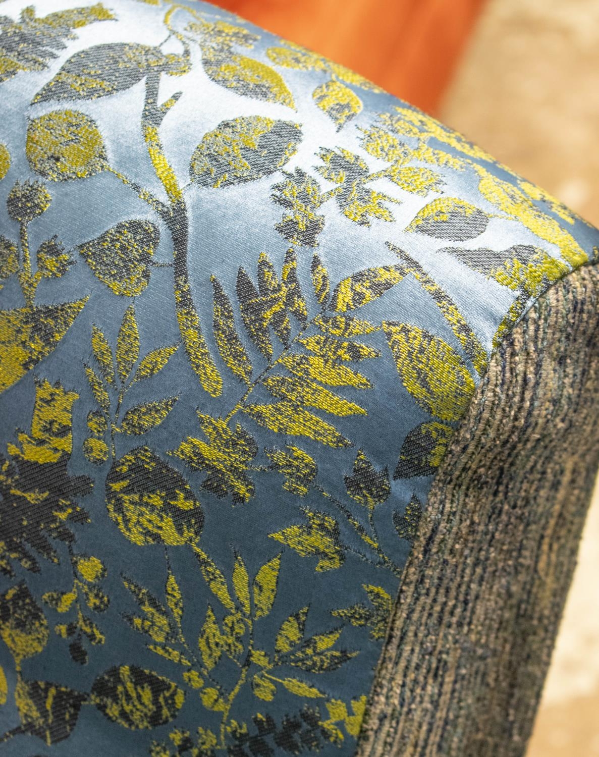 ARMCHAIR, 81cm H x 71cm, mid 20th century in blue leaf patterned and ribbed upholstery on castors. - Image 3 of 4