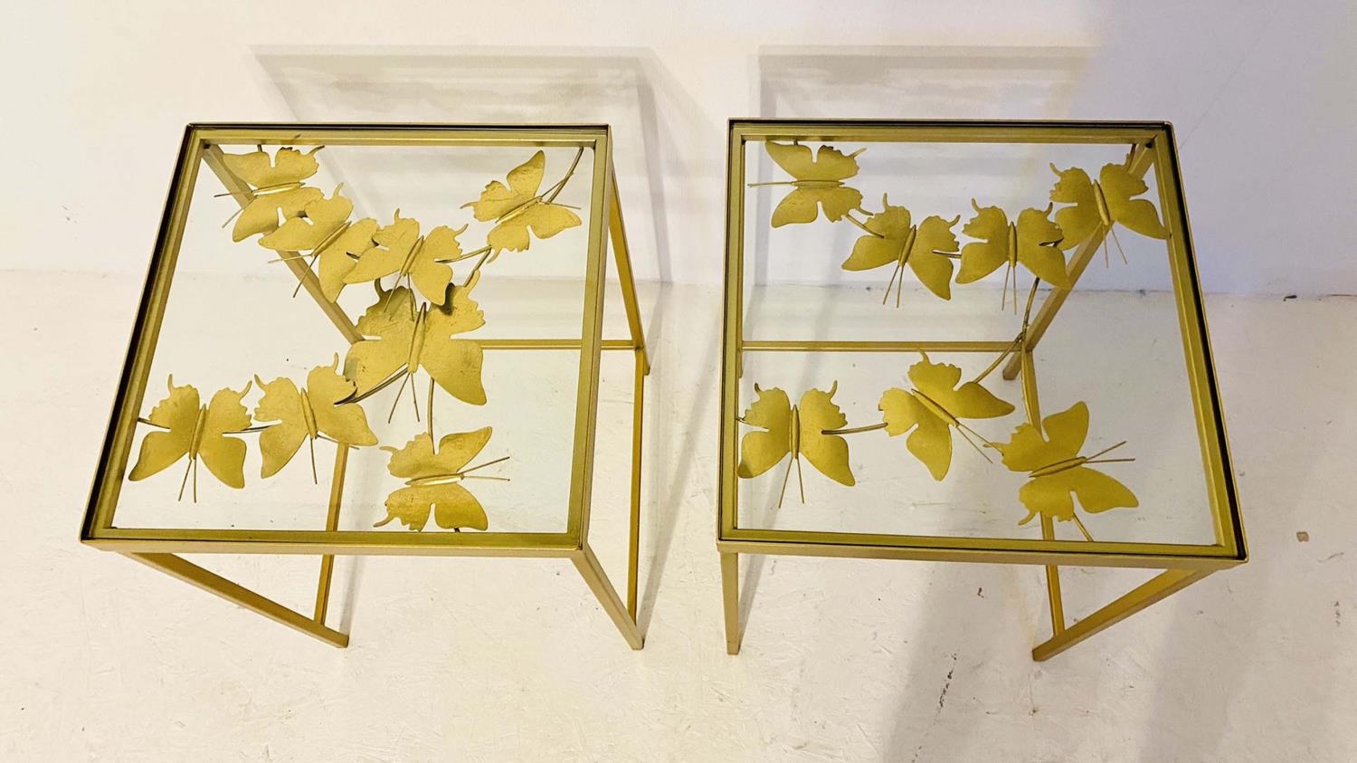 WINE TABLES, a pair, 51cm high, 40cm wide, the tops with butterfly motifs, overlaid glass, gilt - Image 4 of 6