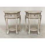 BEDSIDE/LAMP TABLES, a pair, Italian style grey painted each with frieze drawer and curved supports,