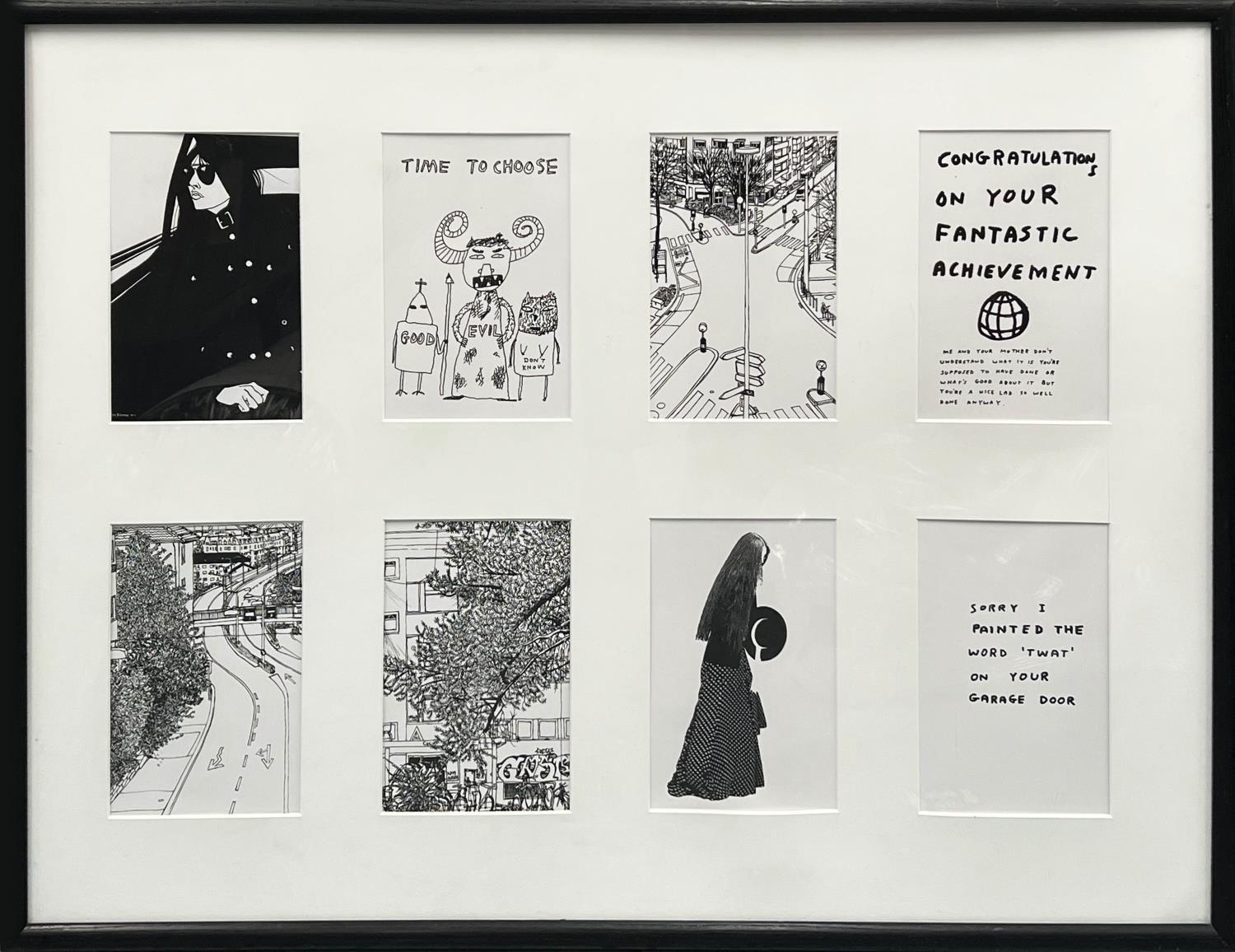 AFTER DAVID SHRIGLEY, a set of six lithographs framed as one, 100cm x 77cm, glazed. (6)