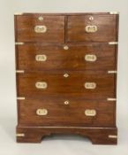 CAMPAIGN CHEST, early 20th century Anglo Indian teak and brass bound with two short and three long