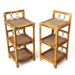 LAMP TABLES, 80cm H x 34cm W x 34cm D, a pair, rattan bamboo framed and cane bound with three