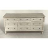 LOW CHEST, Gustavian design grey painted with nine drawers and stile supports, 150cm x 45cm x 77cm