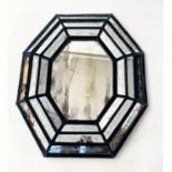 WALL MIRROR, 19th century Venetian, octagonal cushion shape with stepped etched marginal plates,