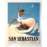 REPRODUCTION VINTAGE TRAVEL ADVERTISEMENT, San Sebastian, acrylic on canvas, unframed, 120cm x 90cm.