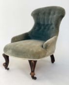 SLIPPER CHAIR, late 19th/early 20th century English moss velvet with buttoned back and shaped