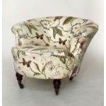 TUB ARMCHAIR, Victorian botanical print upholstered with arched back and turned supports, 85cm W.