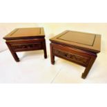 LAMP TABLES, a pair, Chinese padoukwood, each with single drawer. (2)
