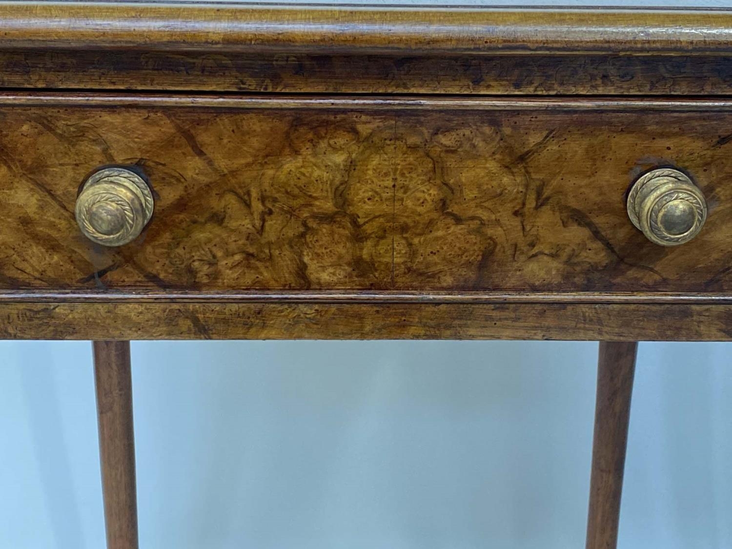 LAMP TABLES, a pair, George III design burr walnut and crossbanded each with frieze drawer and - Image 4 of 5