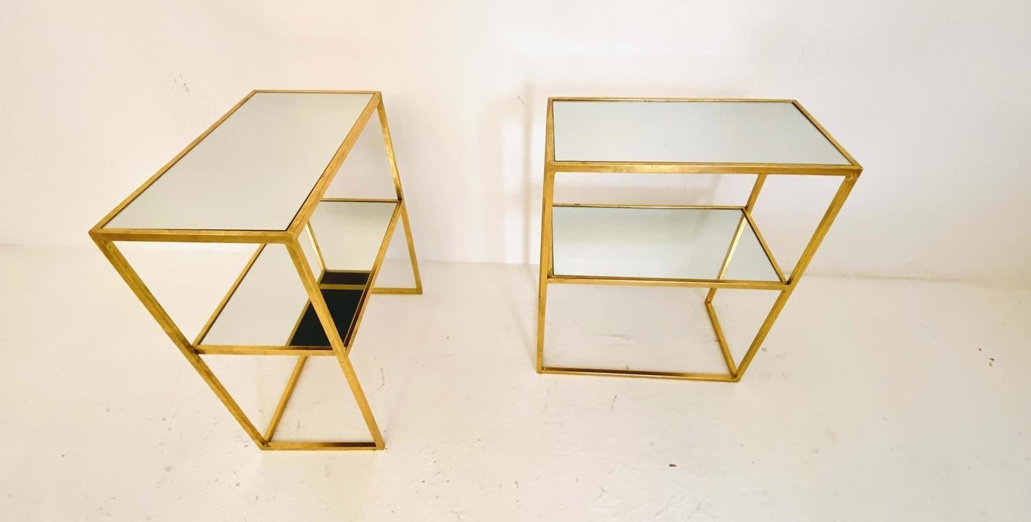SIDE TABLES, a pair, 51cm x 28cm x 61cm, mirrored glass shelves, gilt metal frames. (2)