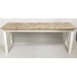 FARMHOUSE/KITCHEN TABLE, Edwardian English with planked pine top and painted stretchered supports,
