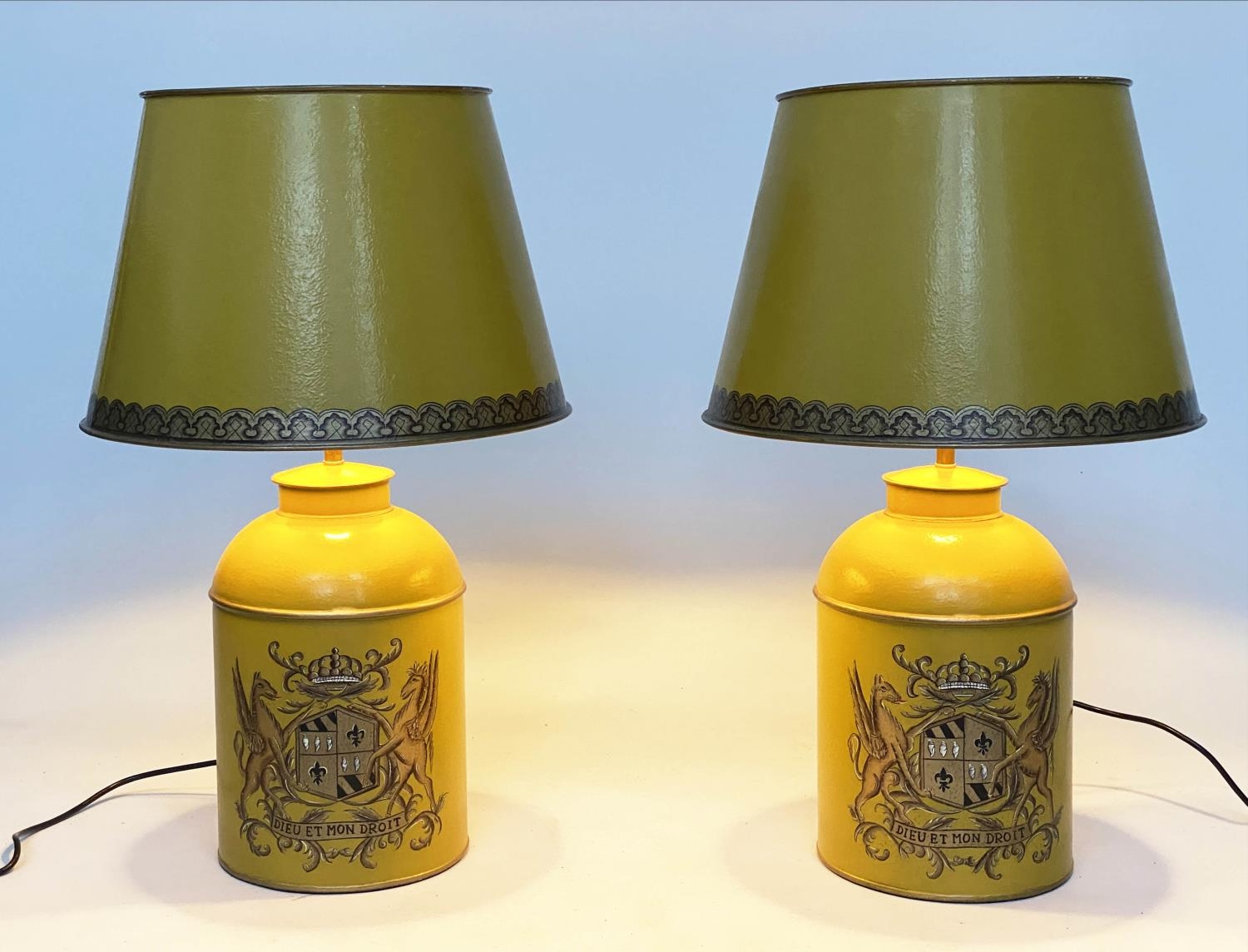 CANNISTER LAMPS, a pair, yellow in the form of lidded tea canisters bearing Royal Coat of Arms - Image 7 of 9