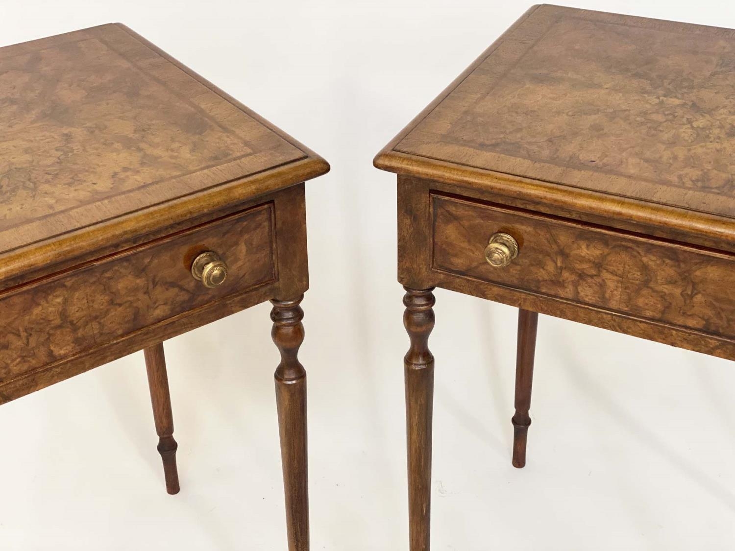 LAMP TABLES, a pair, George III design burr walnut and crossbanded each with frieze drawer and - Image 3 of 5