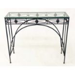 CONSOLE TABLE, Spanish wrought iron with bevelled glass and arched support, 91cm x 31cm D x 80cm H.