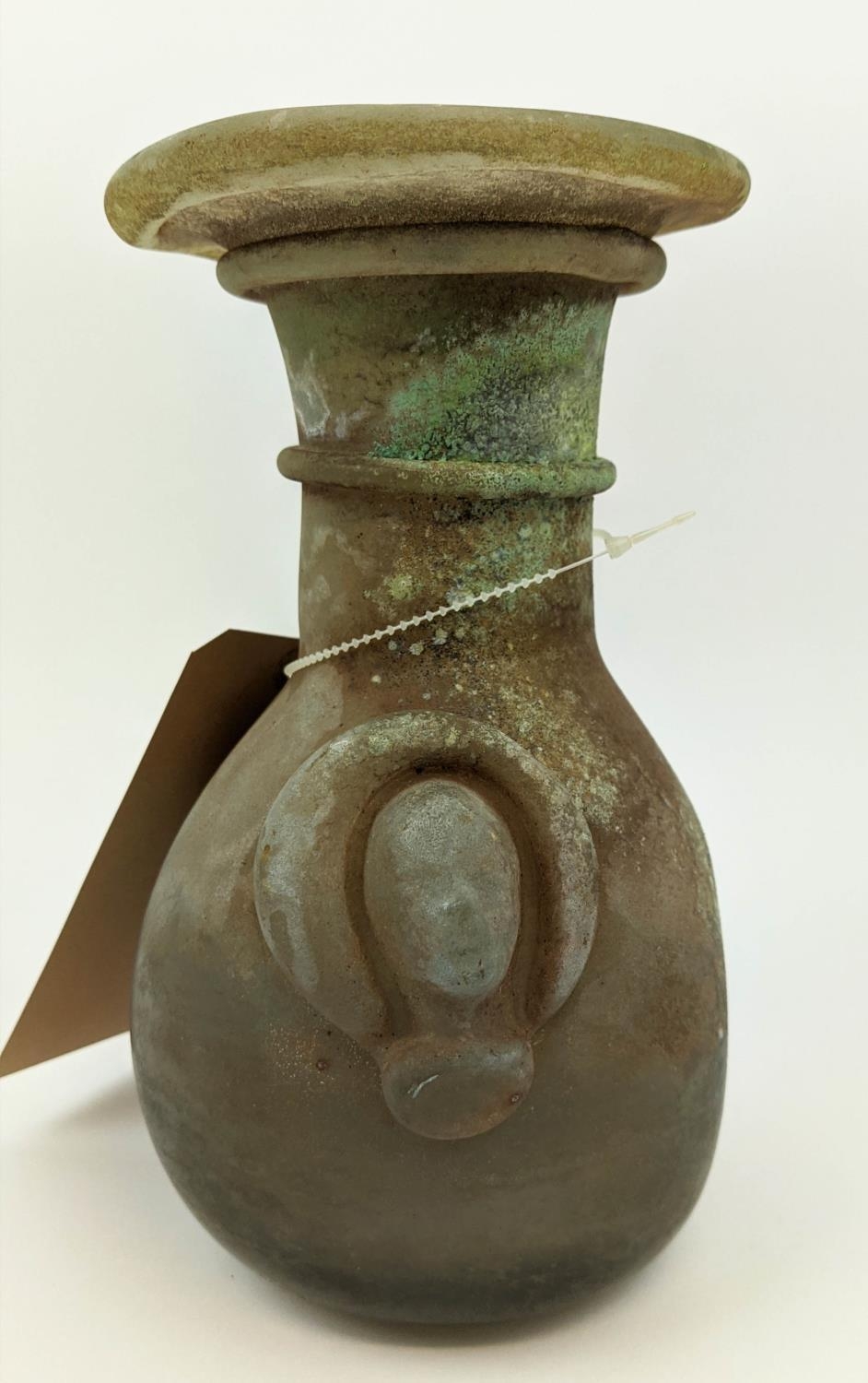 ART GLASS VASE, in the style of Roman glass, bottle neck form, dimple body, handles to shoulders - Image 4 of 8