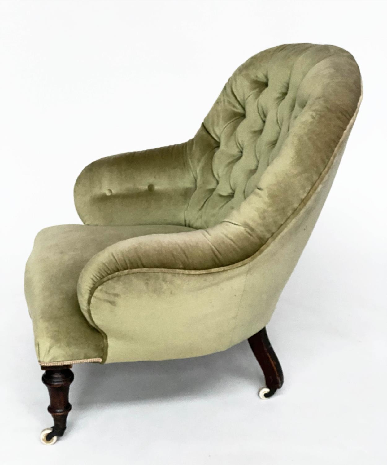 ARMCHAIR, Victorian, moss green velvet upholstered with arched buttoned back and turned supports, - Image 2 of 8