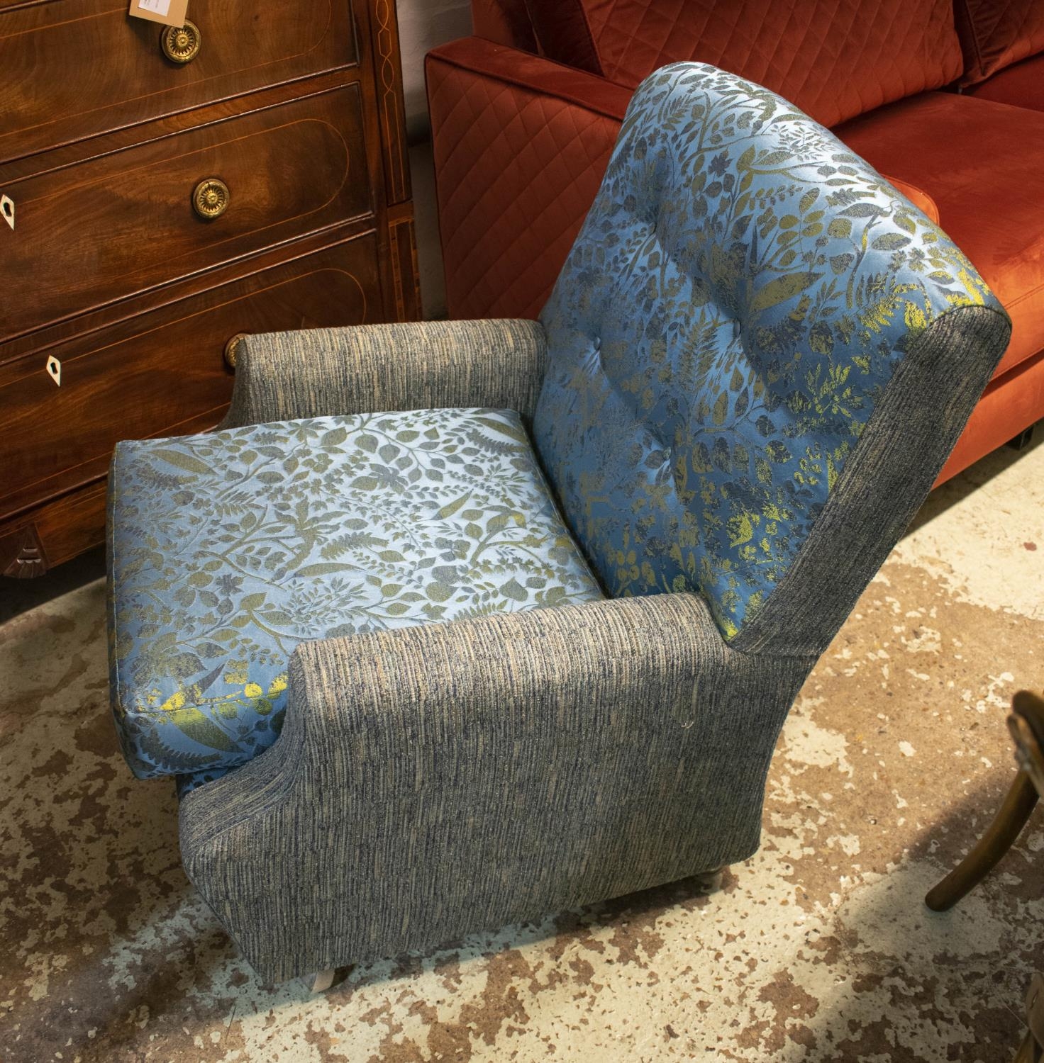 ARMCHAIR, 81cm H x 71cm, mid 20th century in blue leaf patterned and ribbed upholstery on castors. - Image 2 of 4