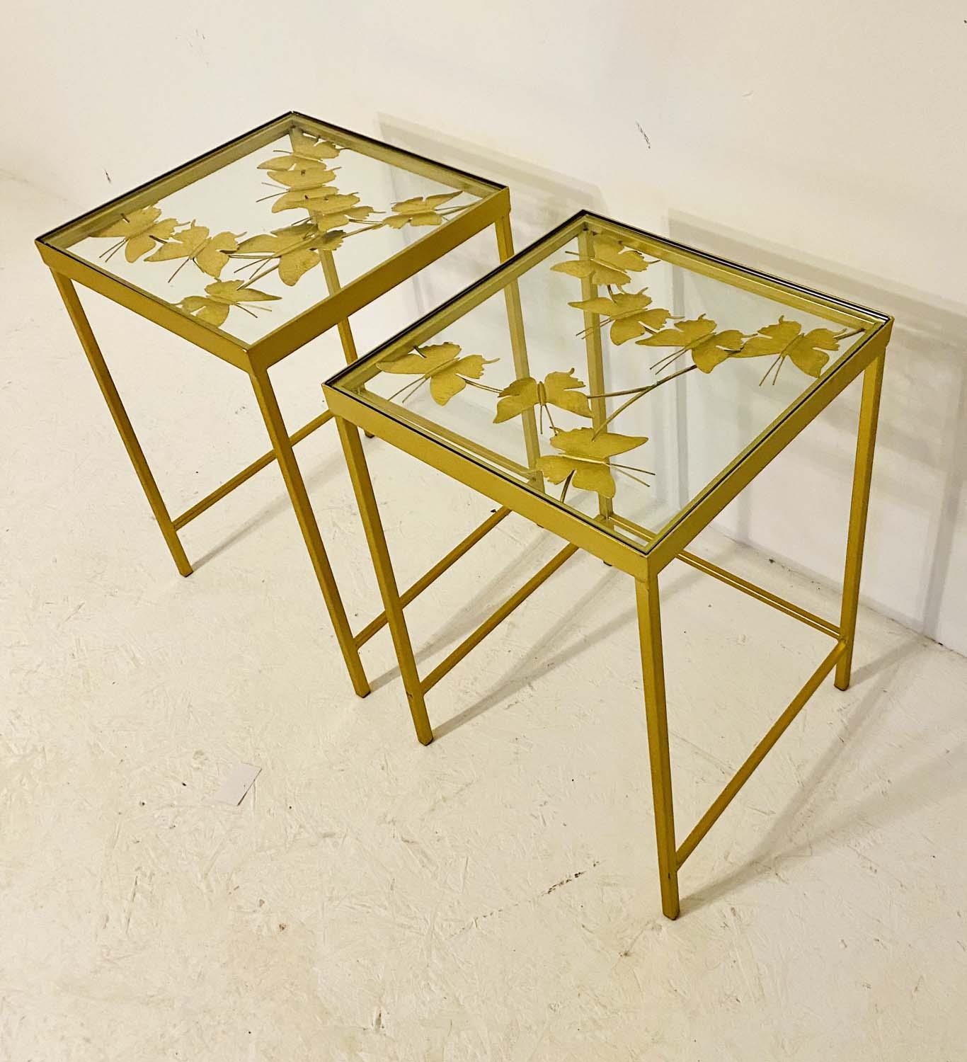 WINE TABLES, a pair, 51cm high, 40cm wide, the tops with butterfly motifs, overlaid glass, gilt - Image 5 of 6